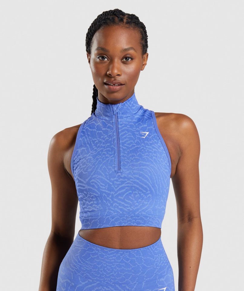 Women\'s Gymshark Adapt Animal Seamless 1/2 Zip Cropped Tops Blue | NZ 1ALPGS